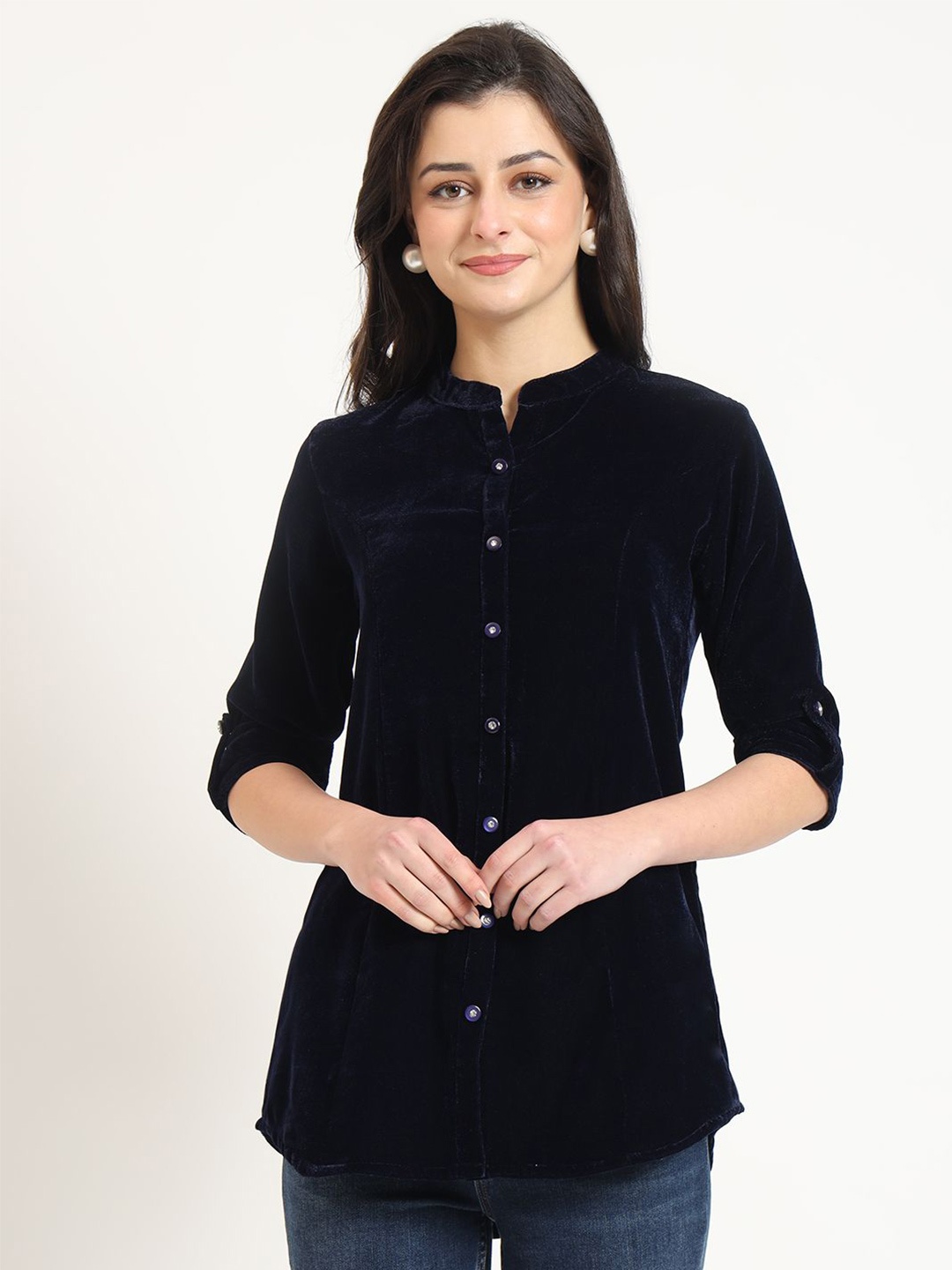

KALINI Mandarin Collar Roll-Up Sleeves Velvet Shirt Style Top, Navy blue
