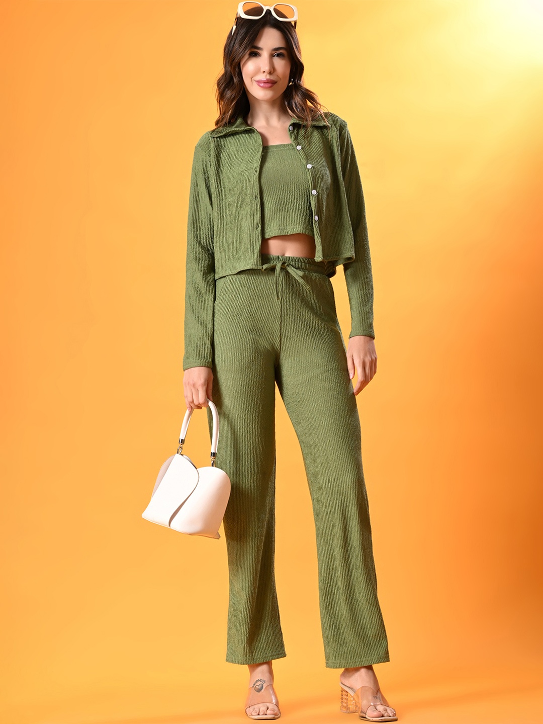 

Moda Rapido Self Design Shirt With Trousers & Top, Green