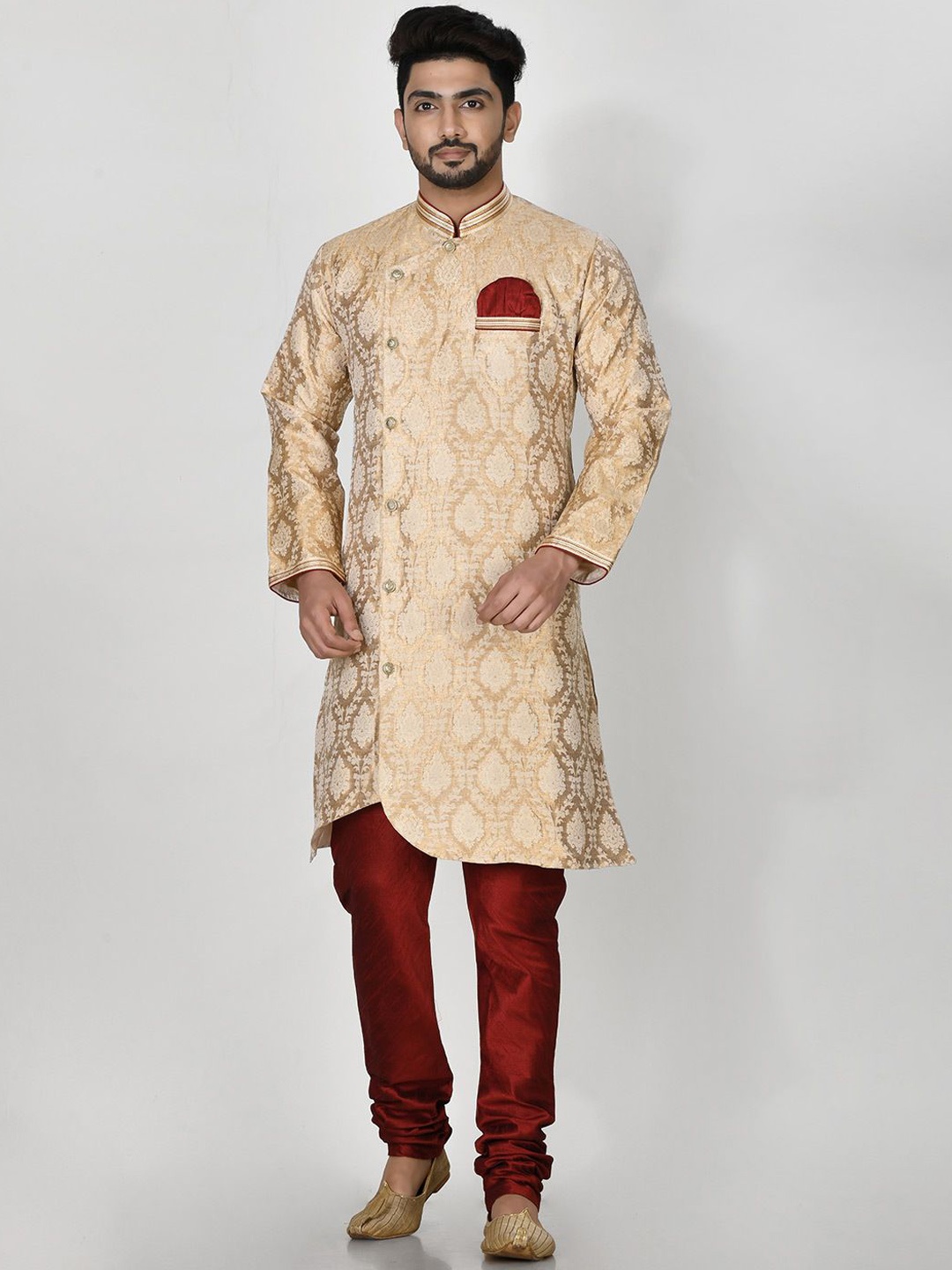 

RANAK Geometric Woven Design Mandarin Collar Jacquard Straight Kurta, Gold