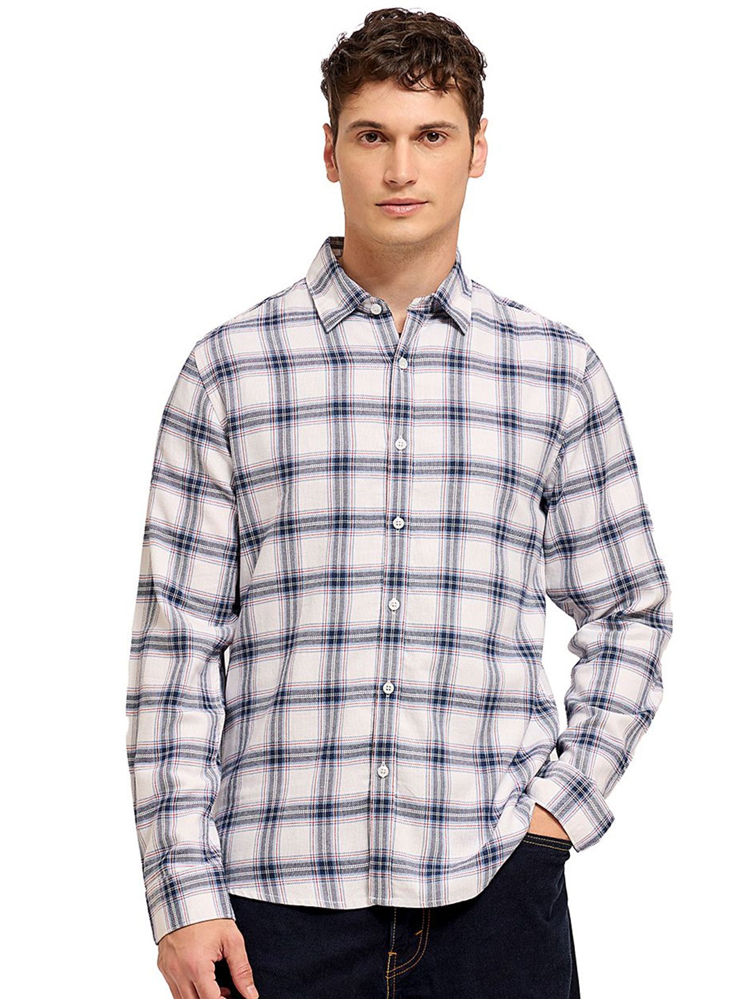 

Mast & Harbour Men Comfort Tartan Checks Opaque Checked Casual Shirt, White