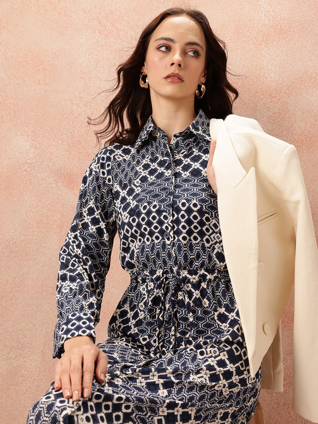 

all about you Geometric Printed Cinched Waist Pure Cotton Liva Shirt Midi Dress, Blue