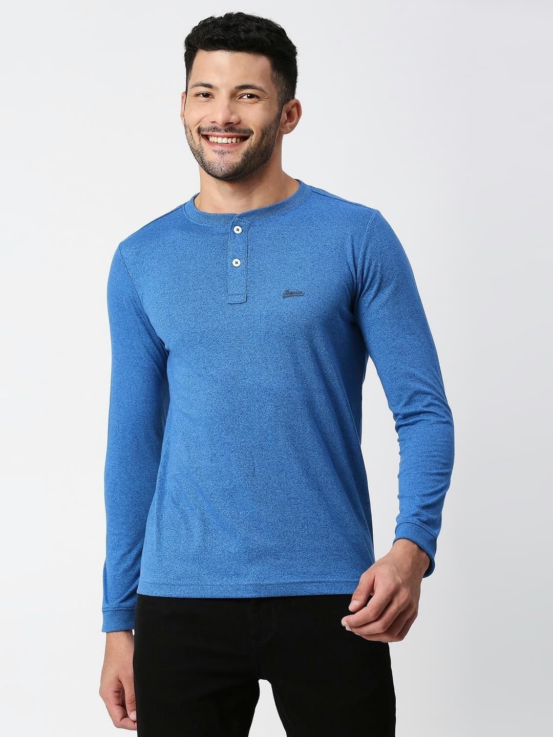 

Basics Men Polka Dot Henley Neck Pockets Slim Fit T-shirt, Blue