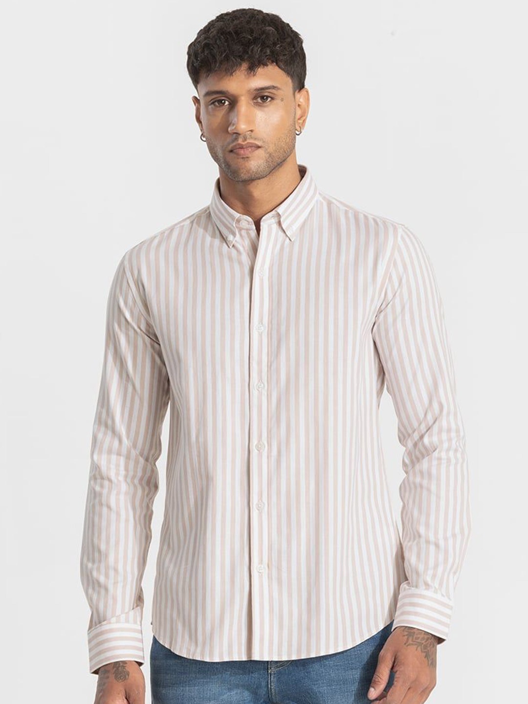 

Snitch Men Smart Slim Fit Opaque Striped Casual Shirt, Beige