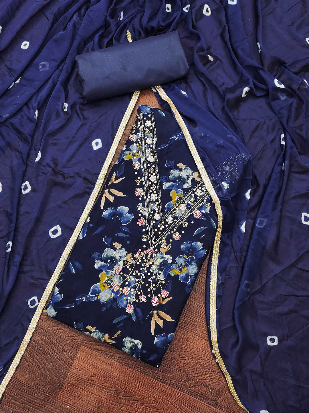 

SAINOOR Floral Printed Sequinned Unstitched Dress Material, Navy blue