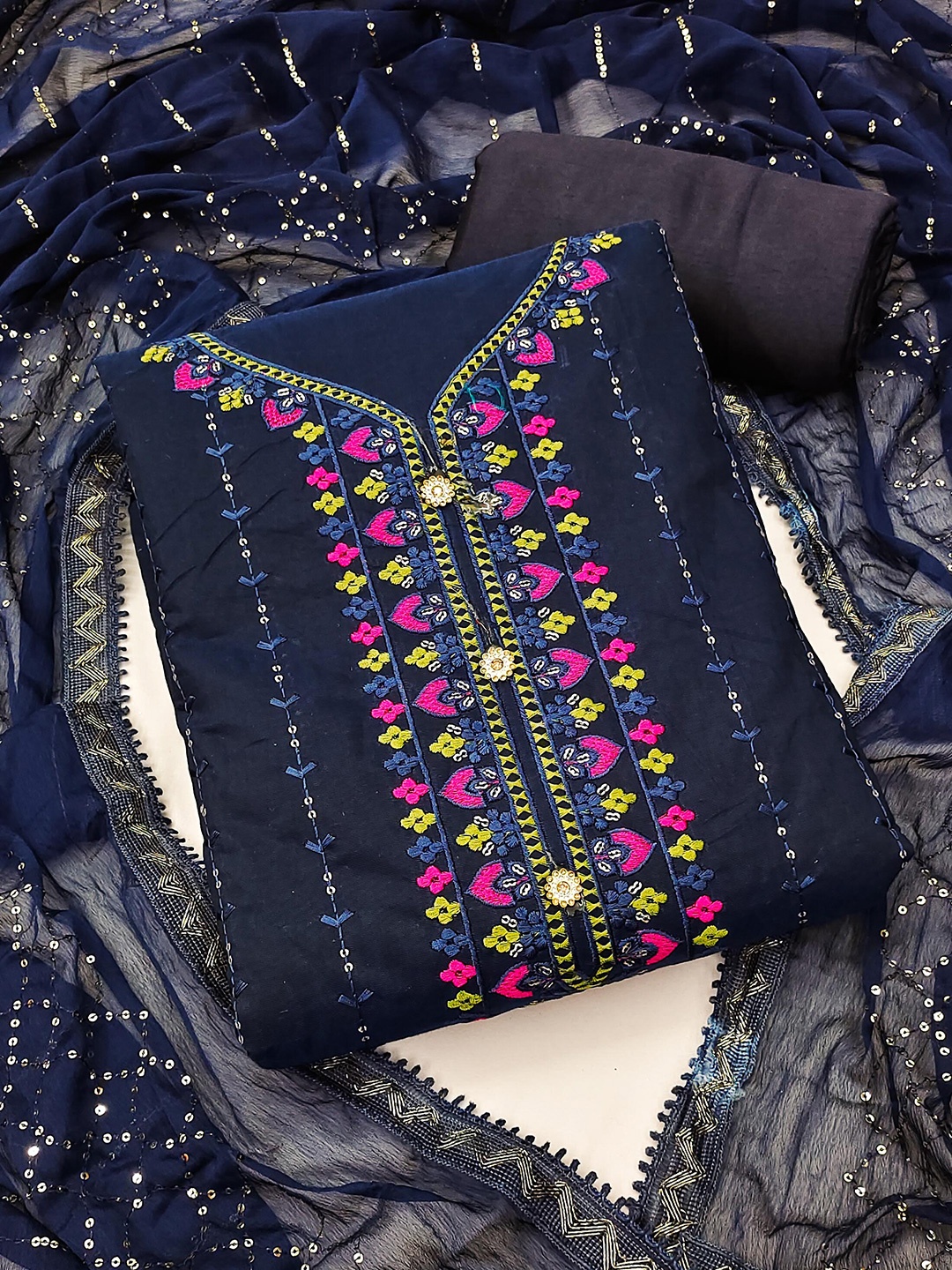 

SAINOOR Floral Embroidered Sequinned Unstitched Dress Material, Blue