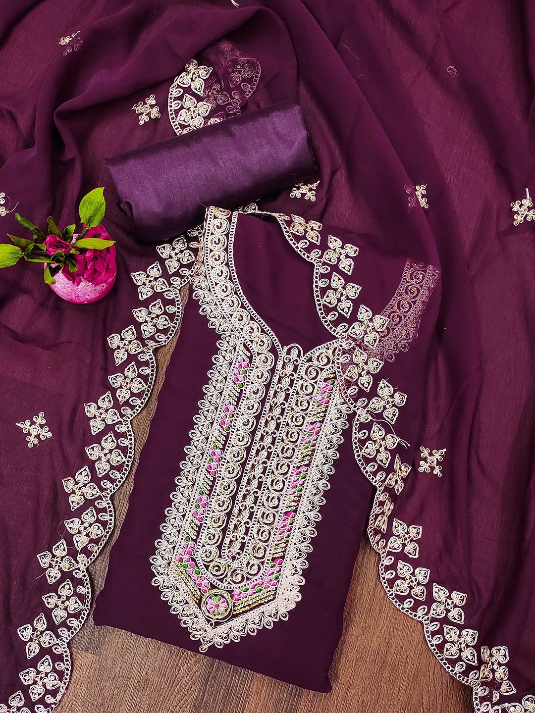 

SAINOOR Embroidered Zari Silk Georgette Unstitched Dress Material, Purple