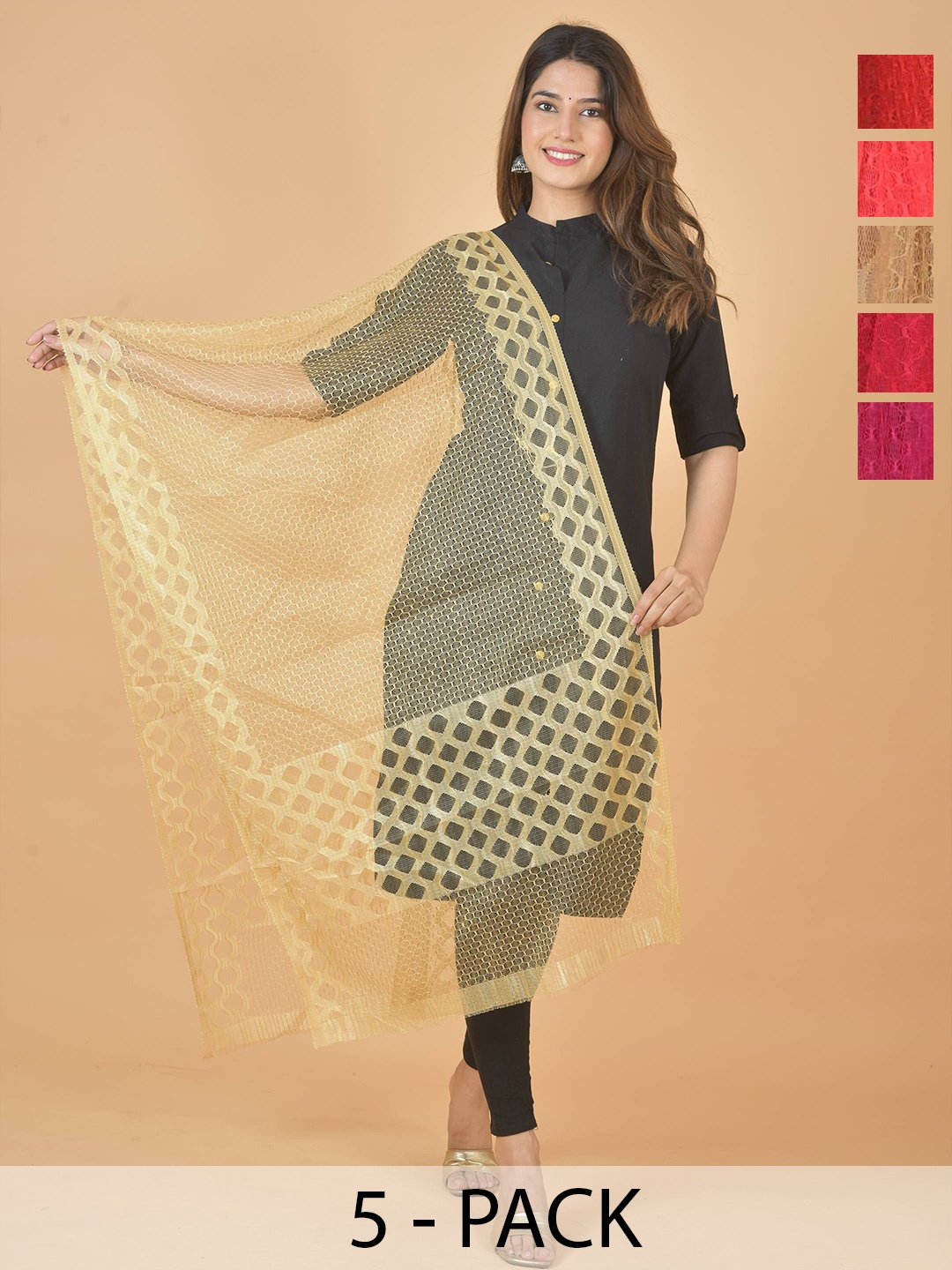 

LA FEMINAE Selection Of 5 Geometric Woven Design Dupattas, Maroon
