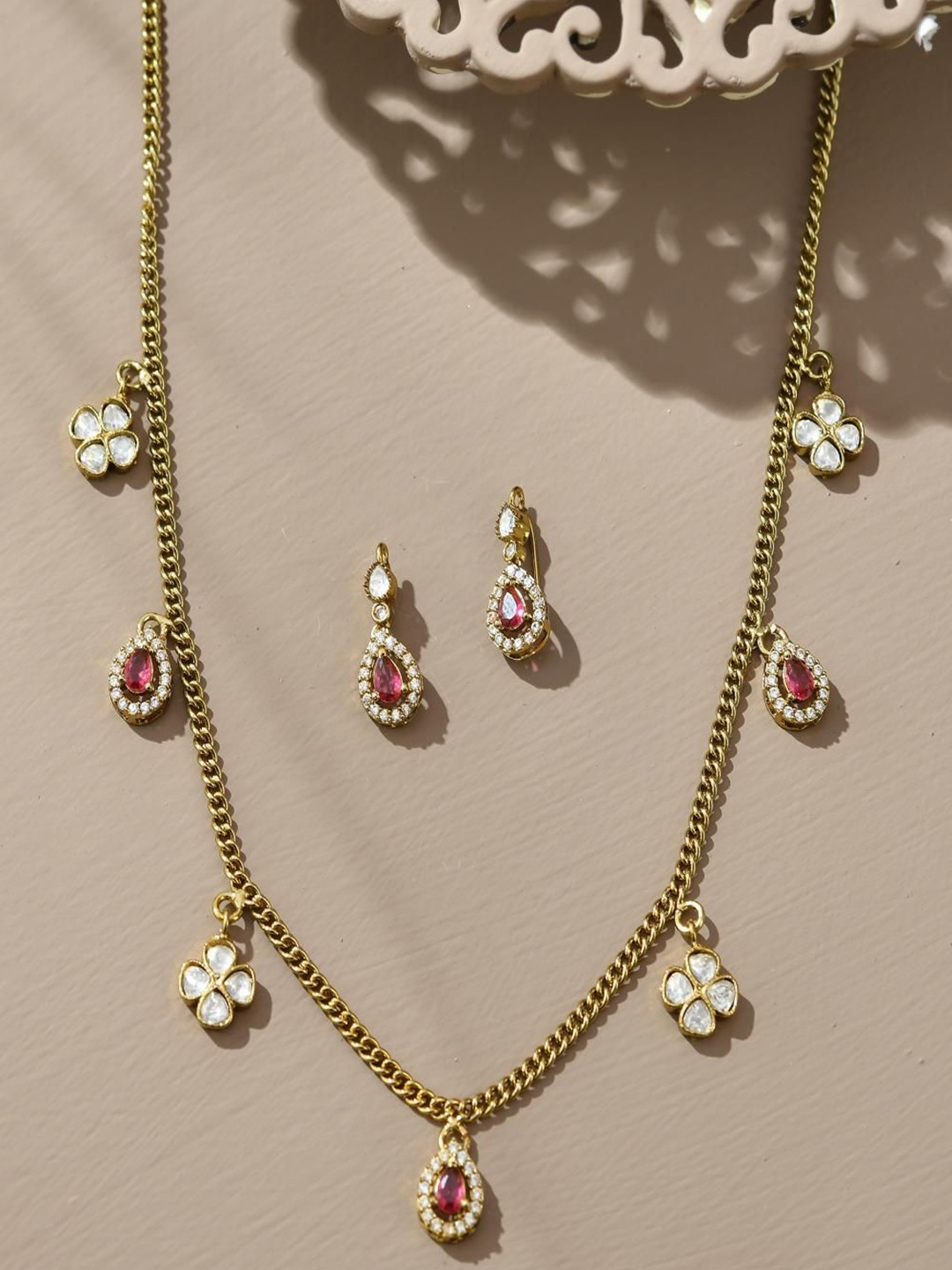 

STYYO Gold-Plated Artificial Stones Studded Jewellery Set, Pink