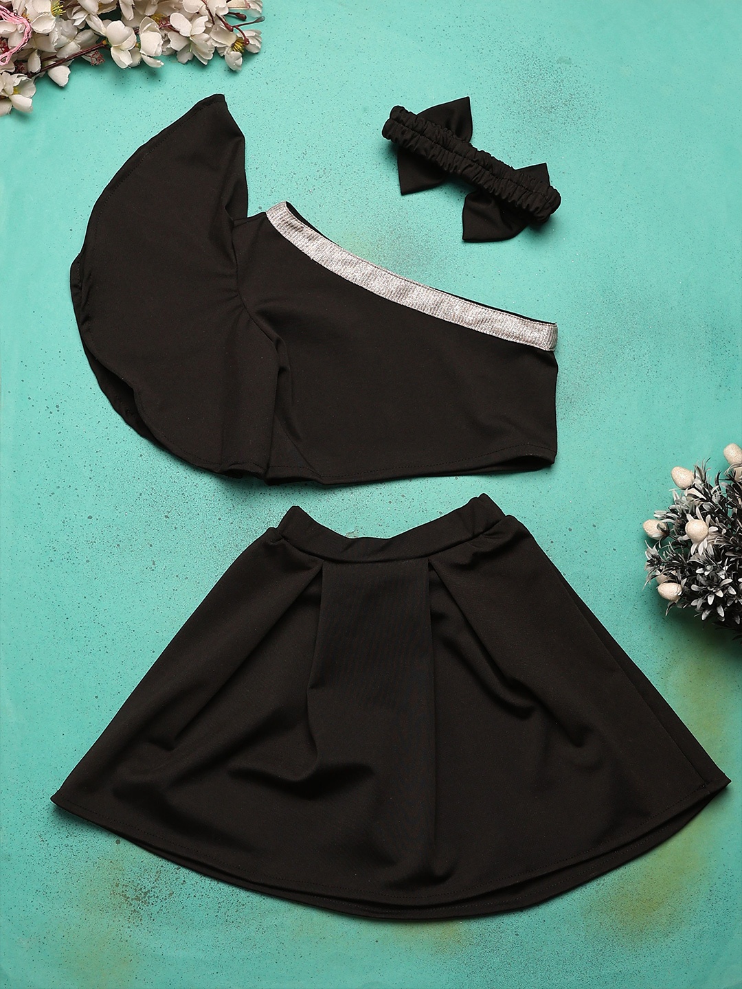 

MAYNEISHA Girls One Shoulder Pure Cotton Top with Skirt & Hairband, Black