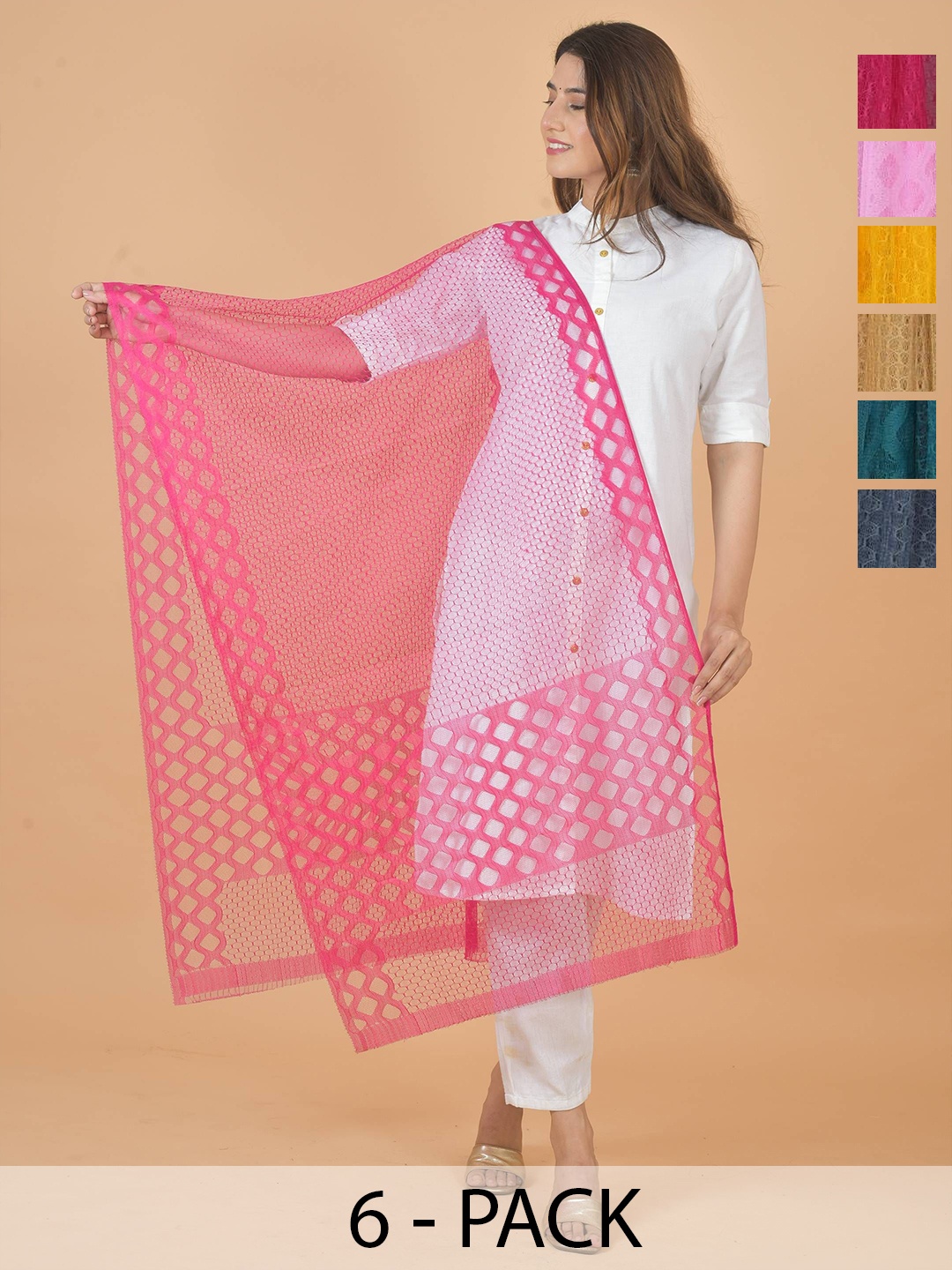 

LA FEMINAE Selection Of 6 Geometric Woven Design Dupatta, Pink