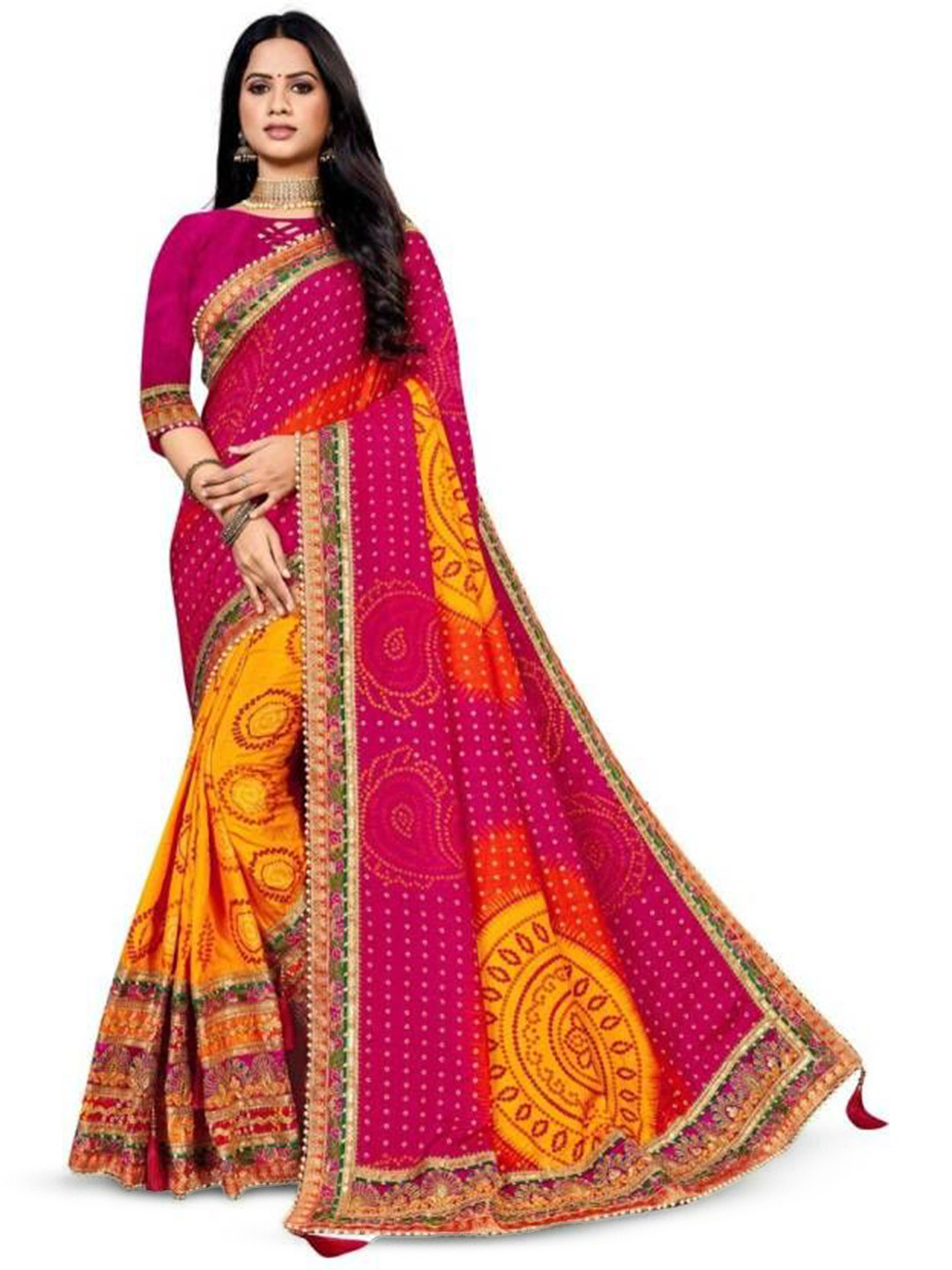 

DIVASTRI Bandhani Embroidered Pure Chiffon Bandhani Saree, Pink