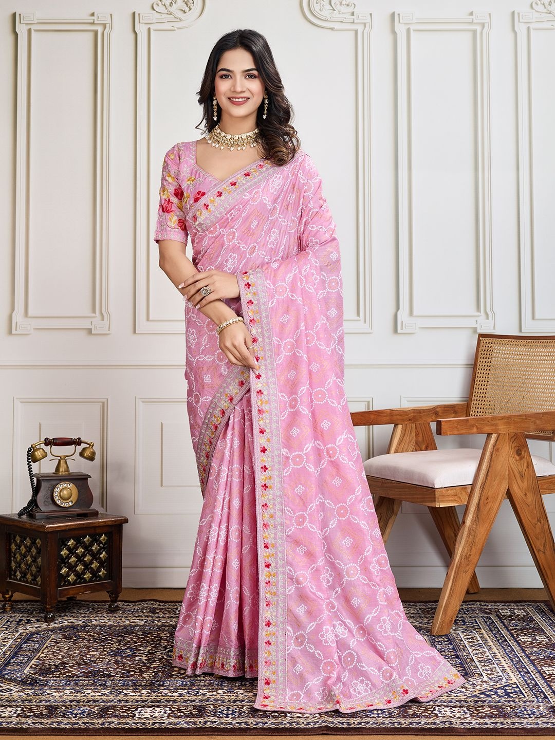 

House of Pataudi Panetar Bandhani Printed With Embroidered Saree With Unstitched Blouse, Mauve