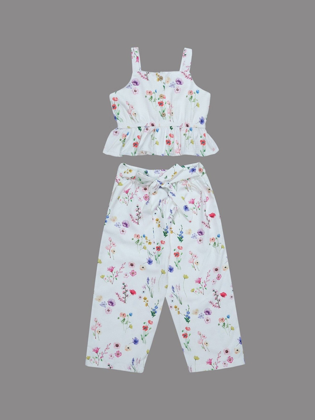 

Doodle Girls Floral Printed Shoulder Straps Top With Trouser, White