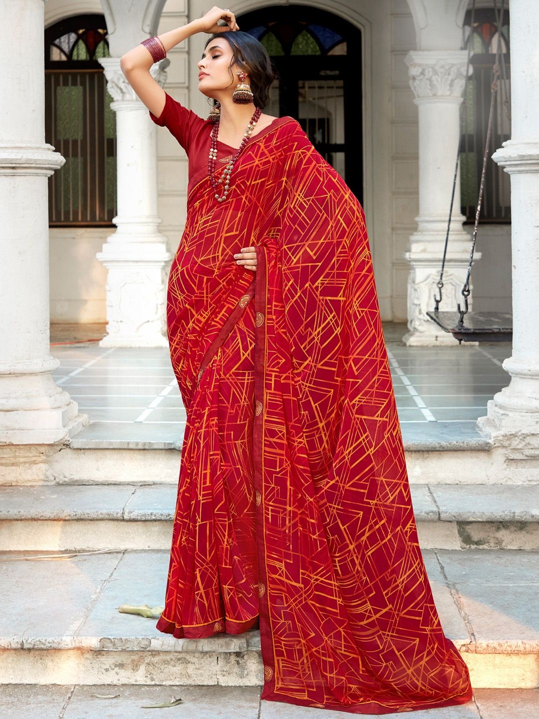 

Mitera Sequinned Pure Georgette Block Print Saree, Red