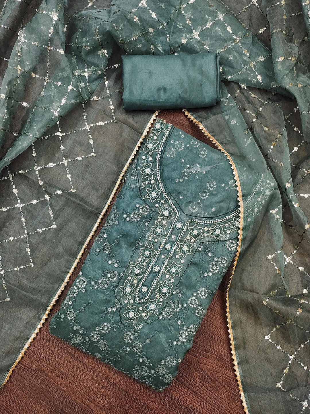 

MANVAA Embellished Organza Unstitched Dress Material, Green