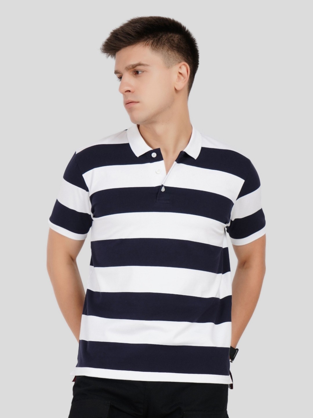 

Underrated Club Men Striped Polo Collar Cotton T-shirt, Navy blue