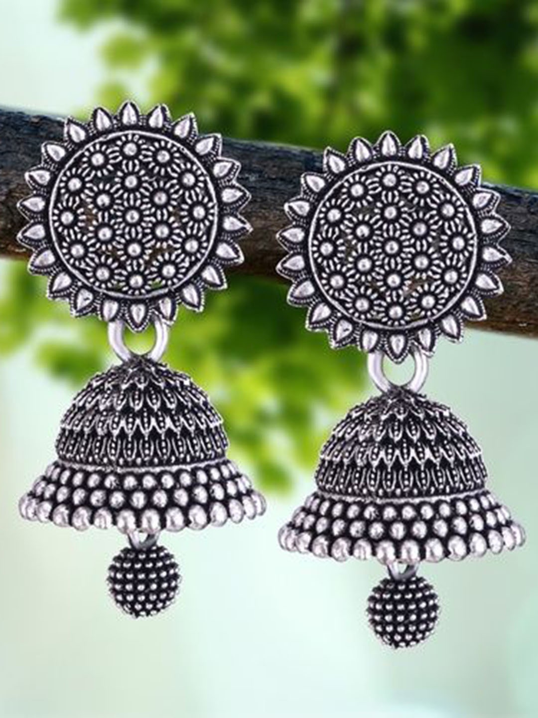

DIVASTRI Set Of 5 Silver-Plated Artificial Beaded Dome Shaped Oxidised Jhumkas