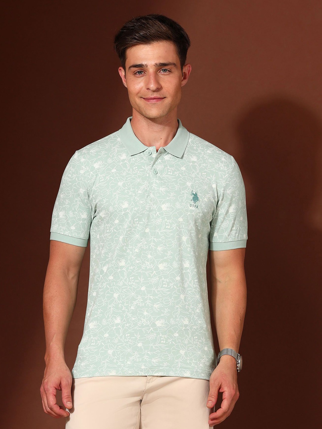 

U.S. Polo Assn. Men Floral Printed Polo Collar Cotton Slim Fit T-shirt, Green