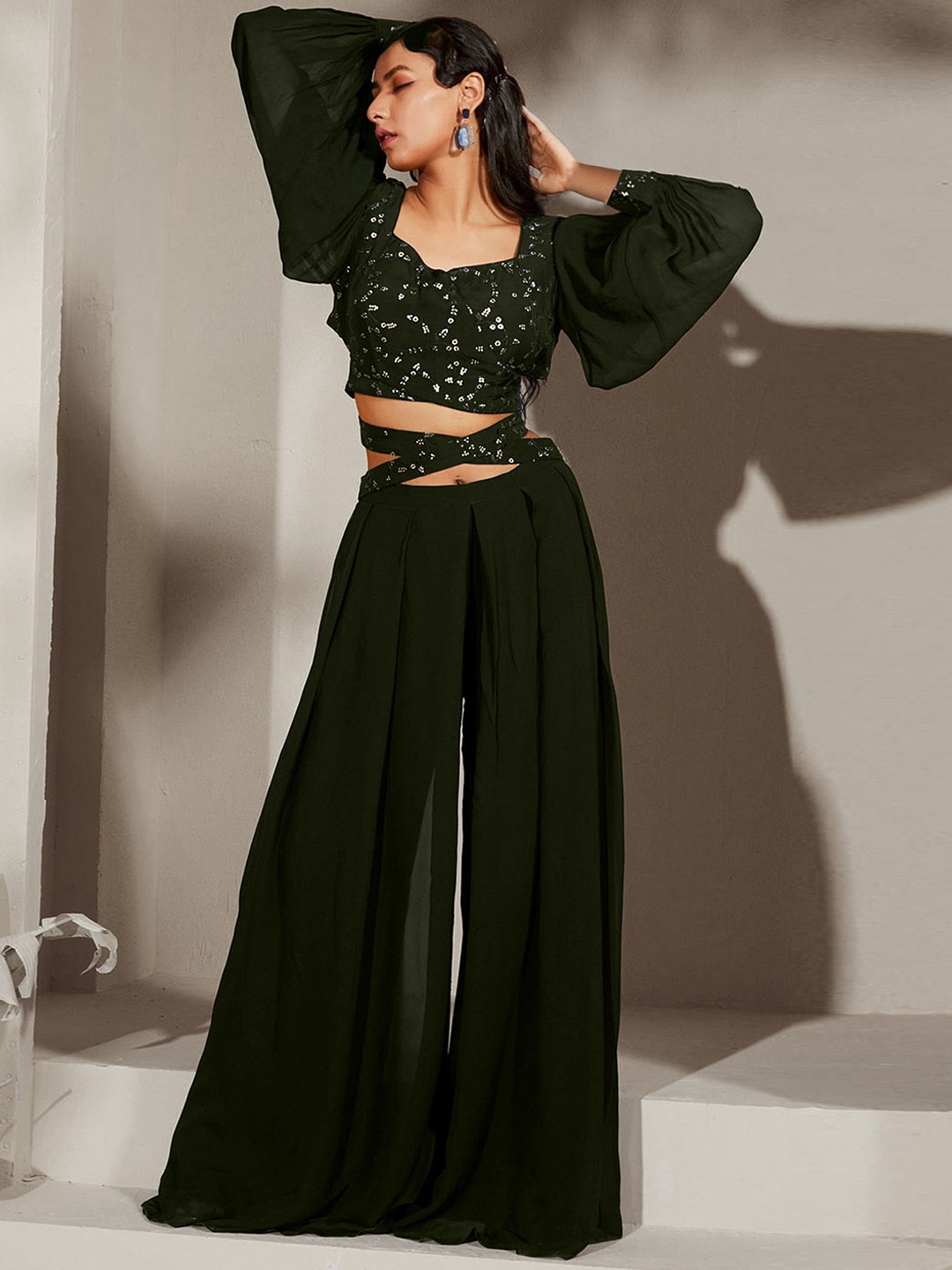 

SANCIA Ethnic Motifs Embroidered Sequinned Top with Palazzos, Olive