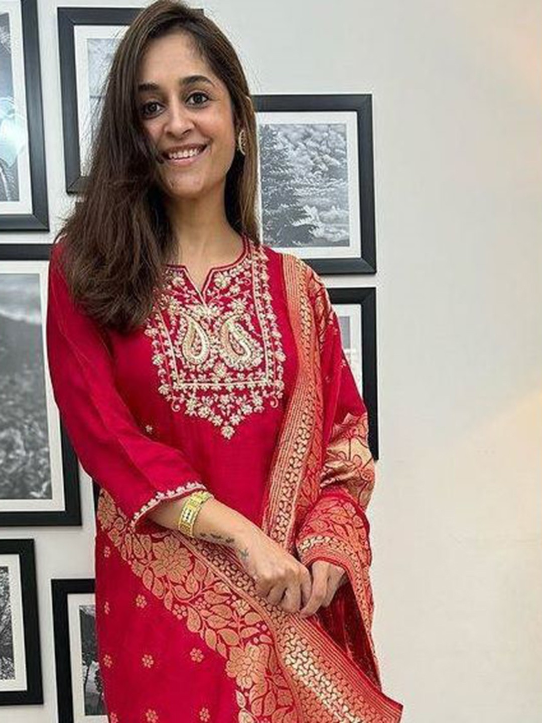 

Bought First Ethnic Motifs Embroidered Notch Neck Kurta With Trousers & Dupatta, Red