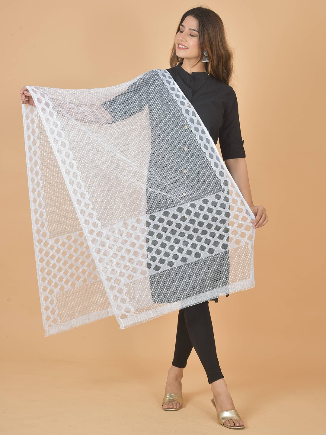 

LA FEMINAE Geometric Woven Design Dupatta, White