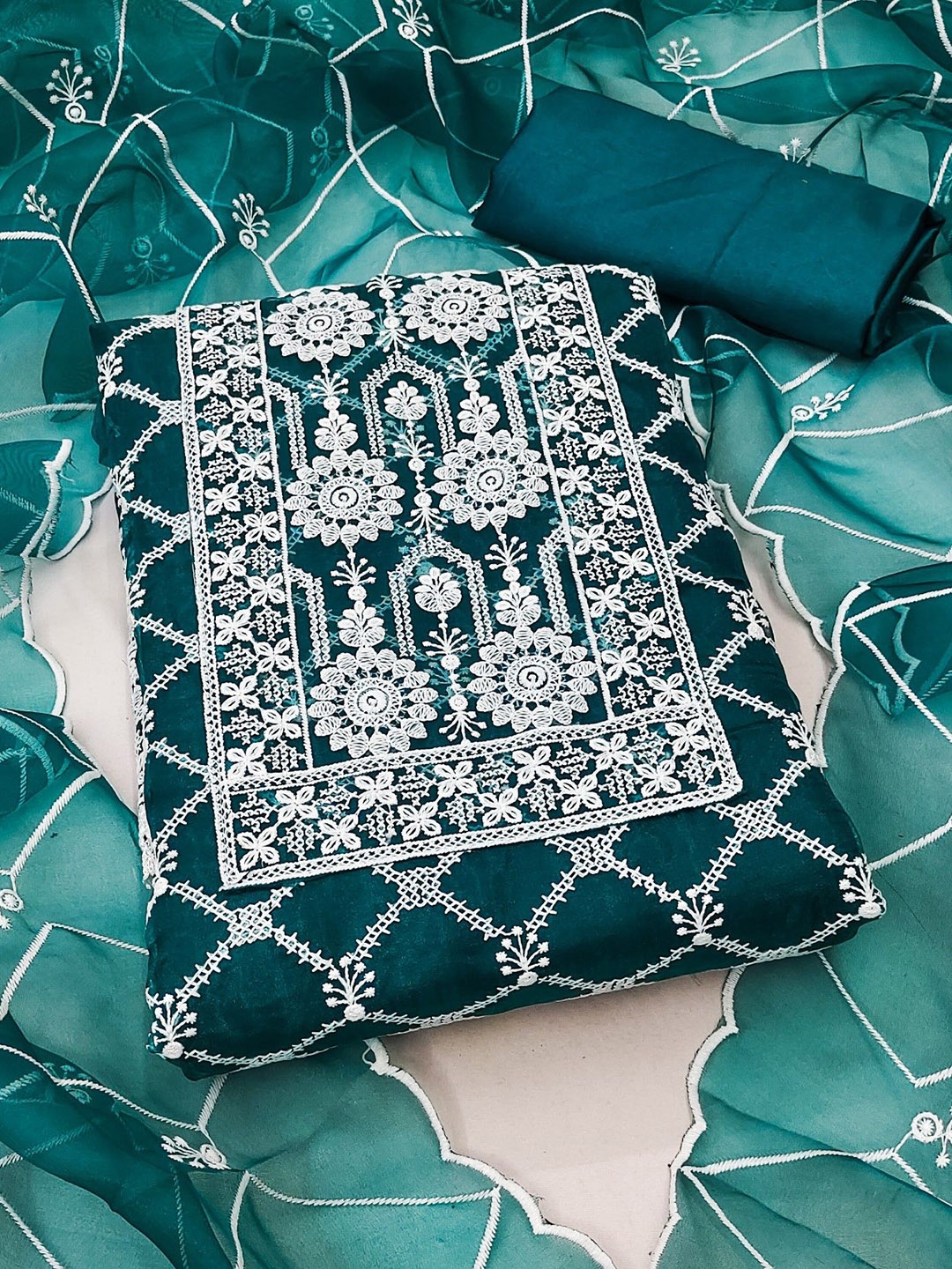 

Rangtulika Ethnics Floral Embroidered Organza Unstitched Dress Material, Teal
