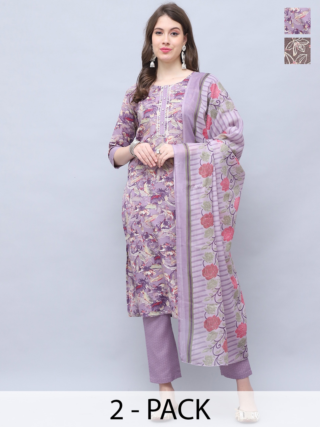 

KALINI Women Floral Printed Regular Kurta with Trousers & With Dupatta, Brown