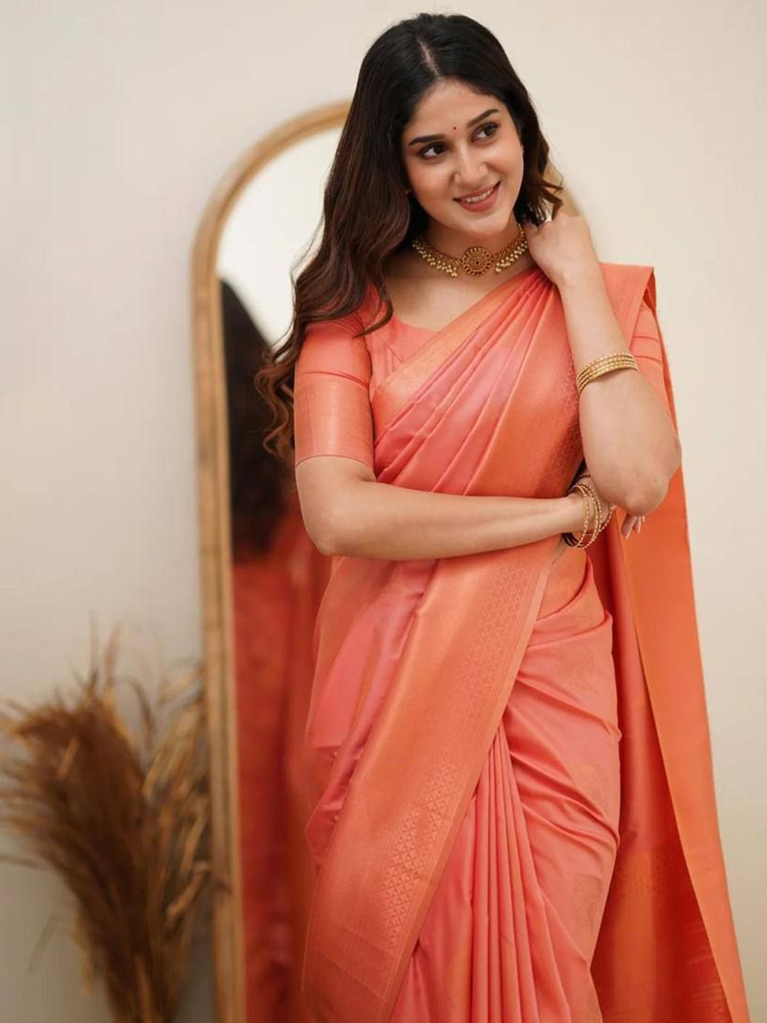

ZIBLON Woven Design Zari Silk Blend Kanjeevaram Saree, Orange