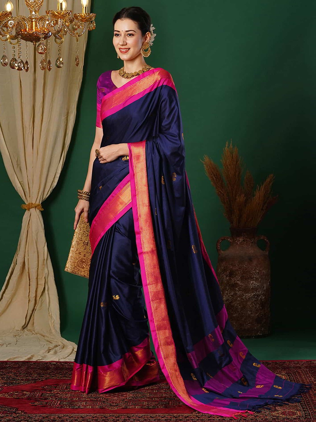 

SILKWEAR Woven Design Zari Silk Cotton Banarasi Saree, Navy blue