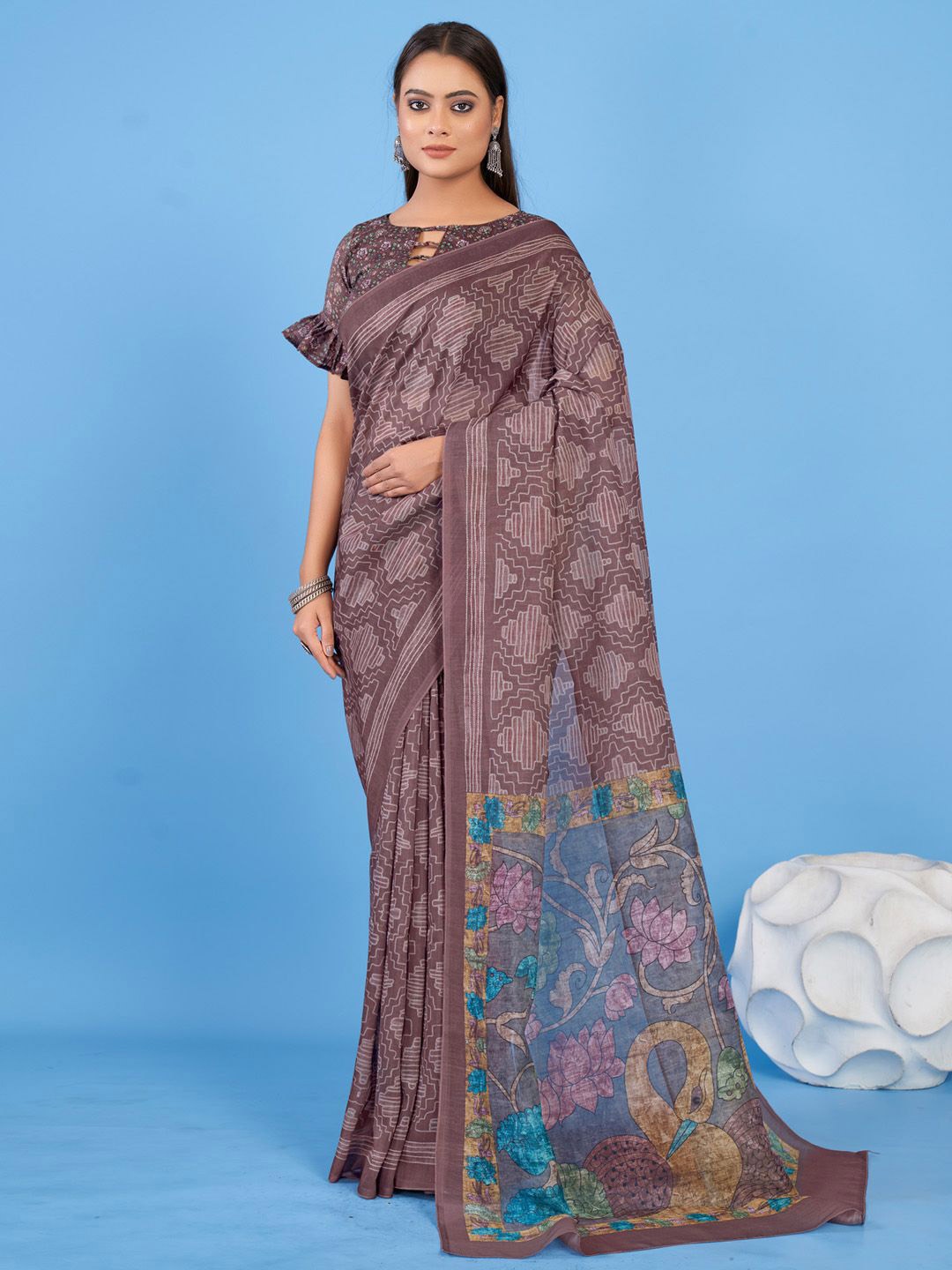 

Anouk Rustic Linen Blend Bagh Saree, Brown