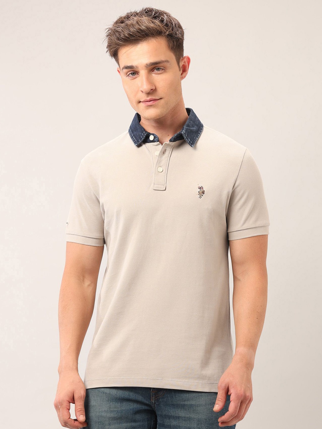 

U.S. Polo Assn. Denim Co. Men Brand Logo Polo Collar Pockets Slim Fit T-shirt, Beige