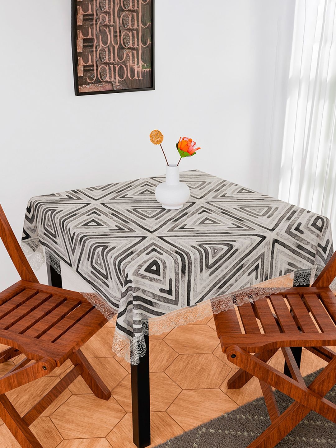 

Kuber Industries White & Grey Geometric Printed Anti-Skid 2-Seater Table Cover