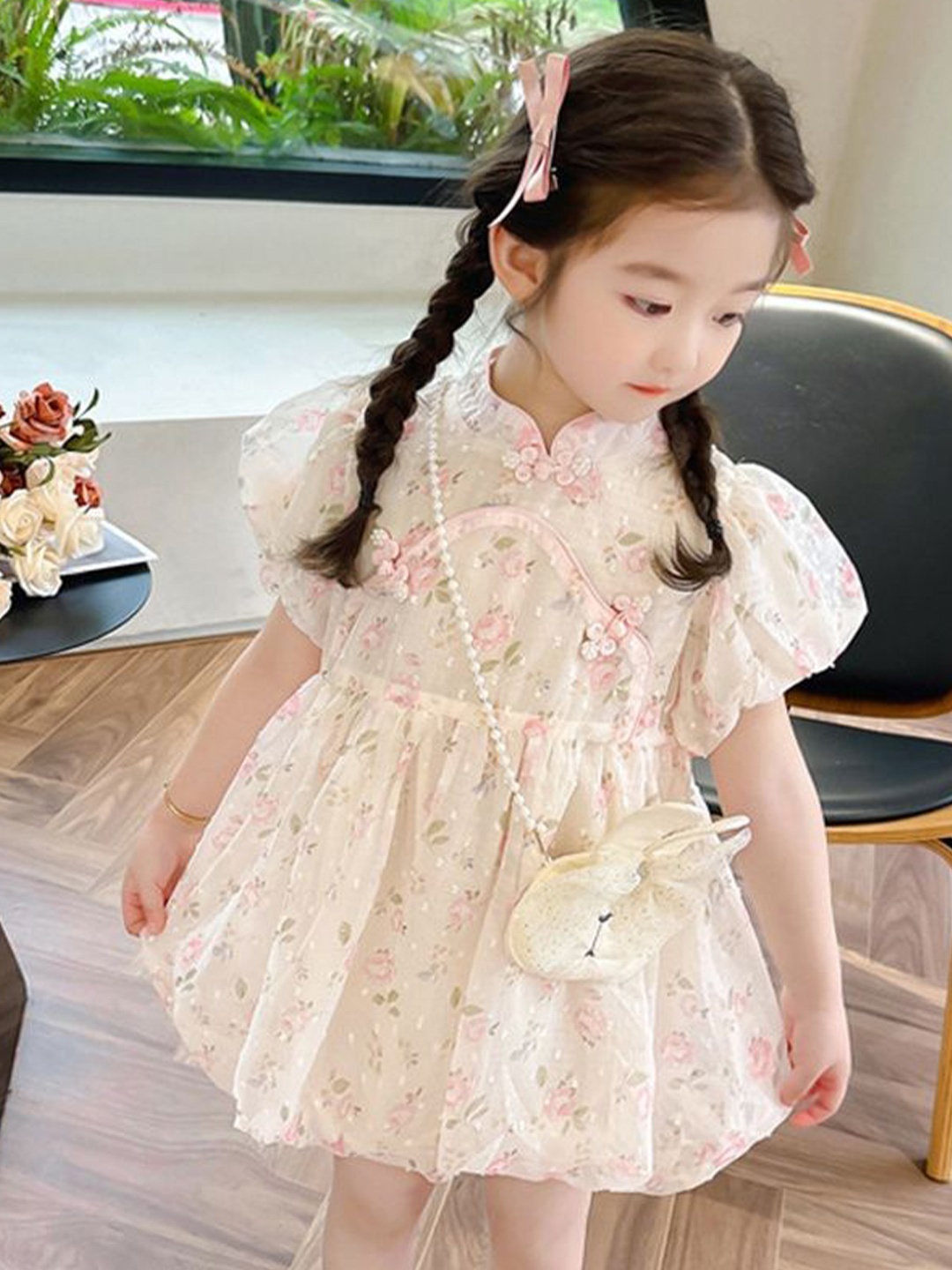 

LULU & SKY Floral Print Flared Sleeve A-Line Dress, Beige