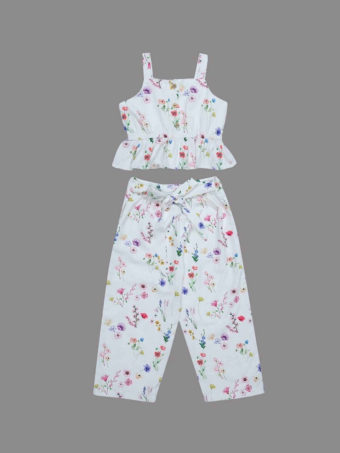 

Doodle Girls Floral Printed Shoulder Straps Top With Trouser, Off white