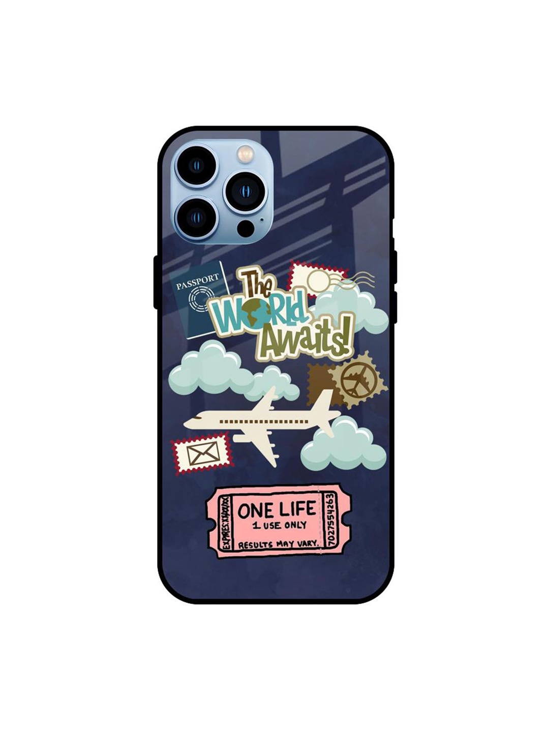 

QRIOH Tour The World Glass Abstract Printed iPhone 13 Pro Back Case, Navy blue