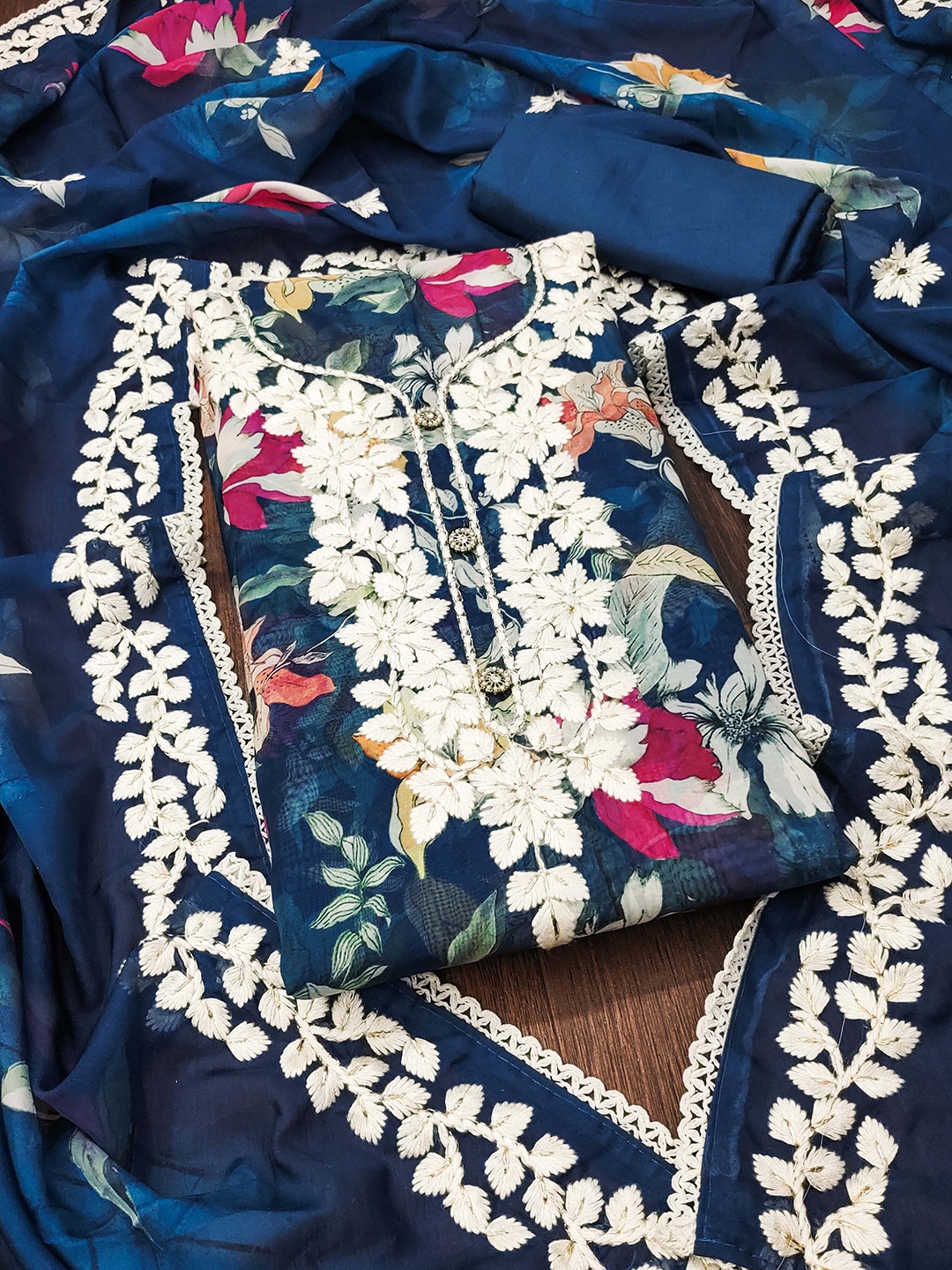 

SAINOOR Floral Embroidered Organza Semi-Stitched Dress Material, Navy blue
