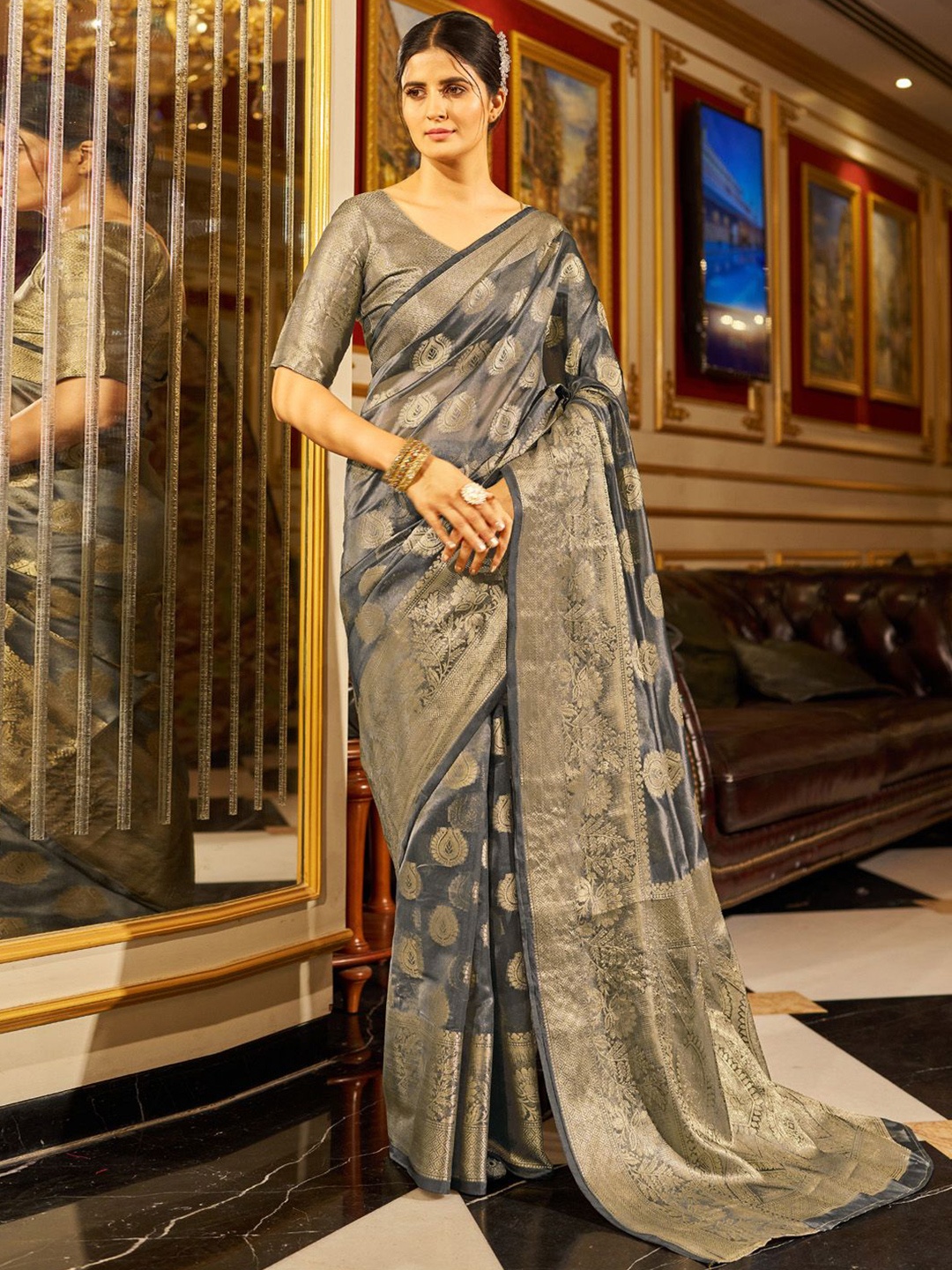 

Mitera Woven Design Zari Organza Banarasi Saree, Grey