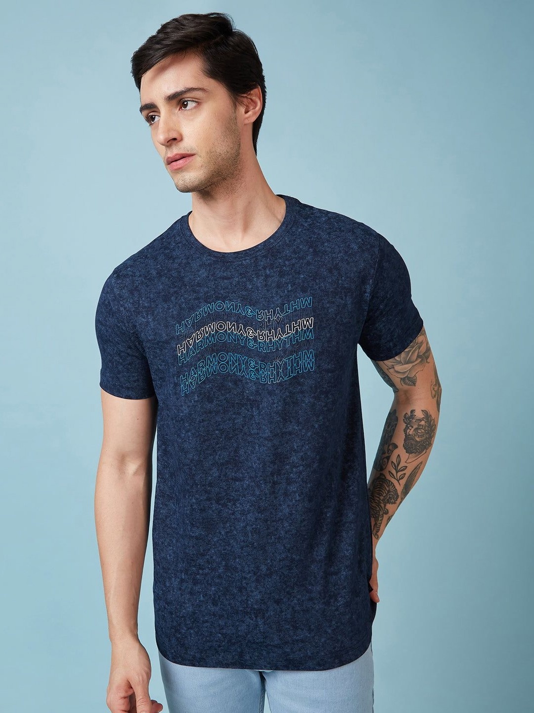 

Status Quo Men Typography Printed Round Neck Regular Fit Cotton T-shirt, Navy blue
