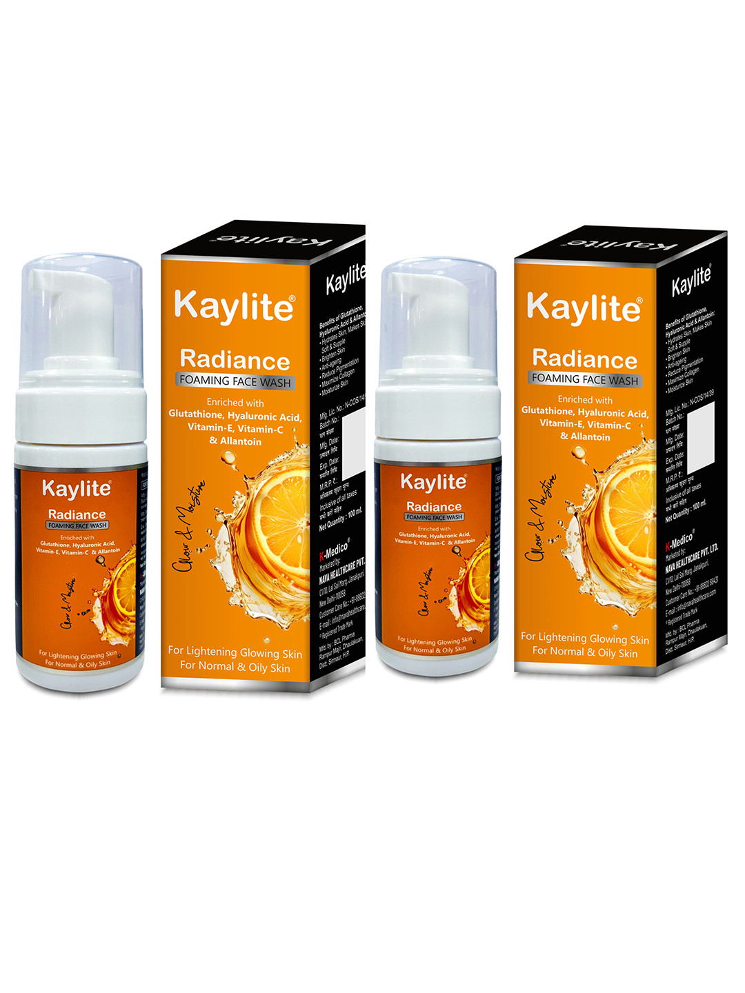 

Kaylite Set Of 2 Radiance Foaming Face Wash With Glutathione & Vitamin E - 100 ml Each, Orange