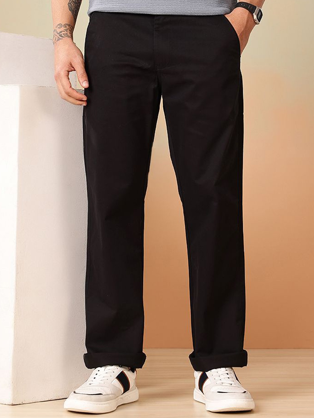 

MEGHZ Men Relaxed Straight Leg Straight Fit Chinos Trousers, Black