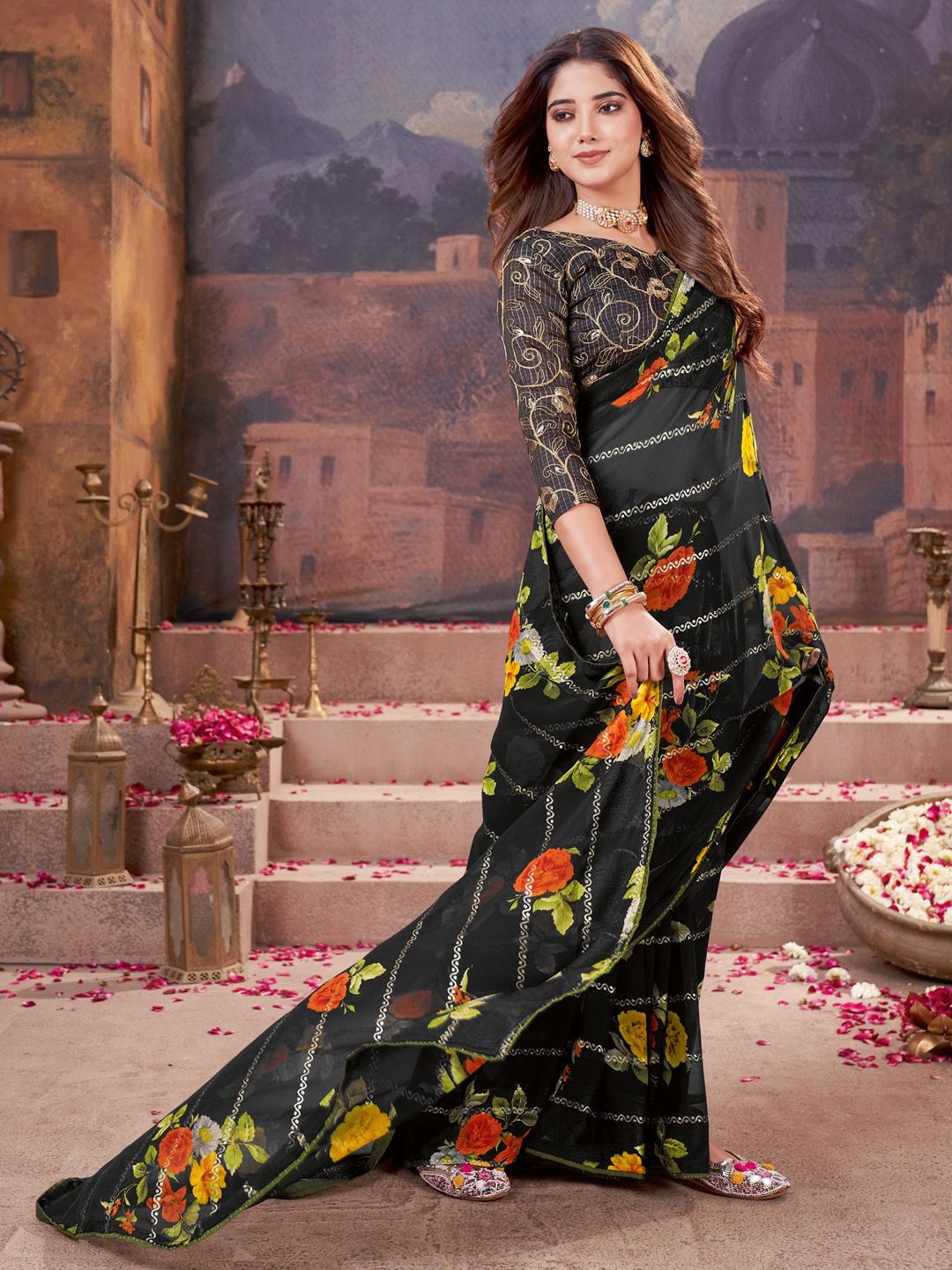 

Mitera Floral Pure Georgette Saree, Black
