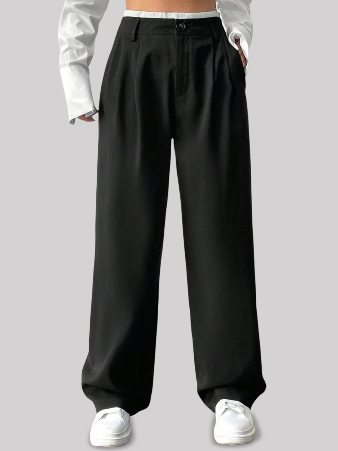 

FNOCKS Women Organic Cotton Smart High-Rise Pleated Wide Leg Trousers, Black