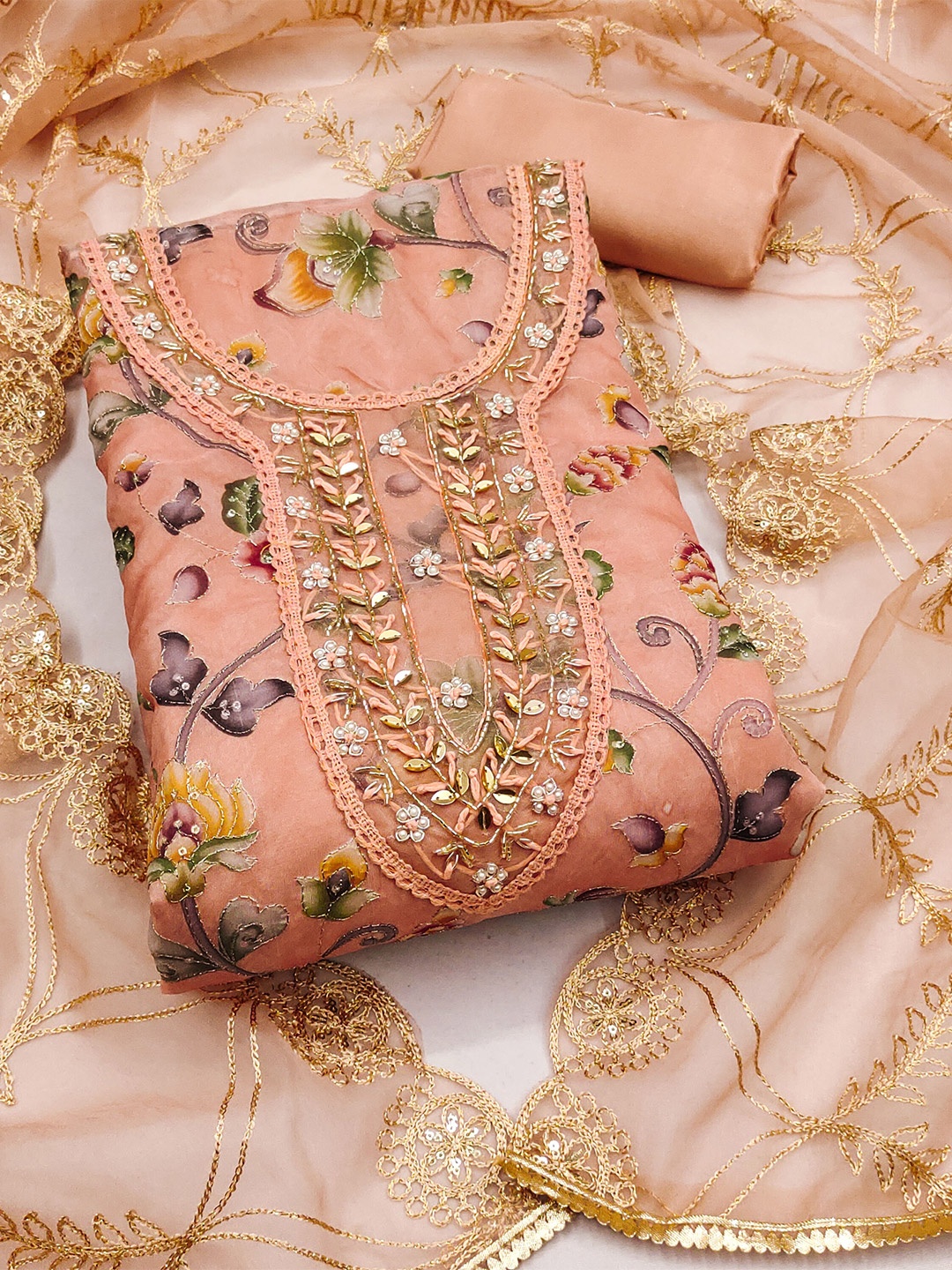 

SAINOOR Embroidered Organza Semi-Stitched Dress Material, Peach