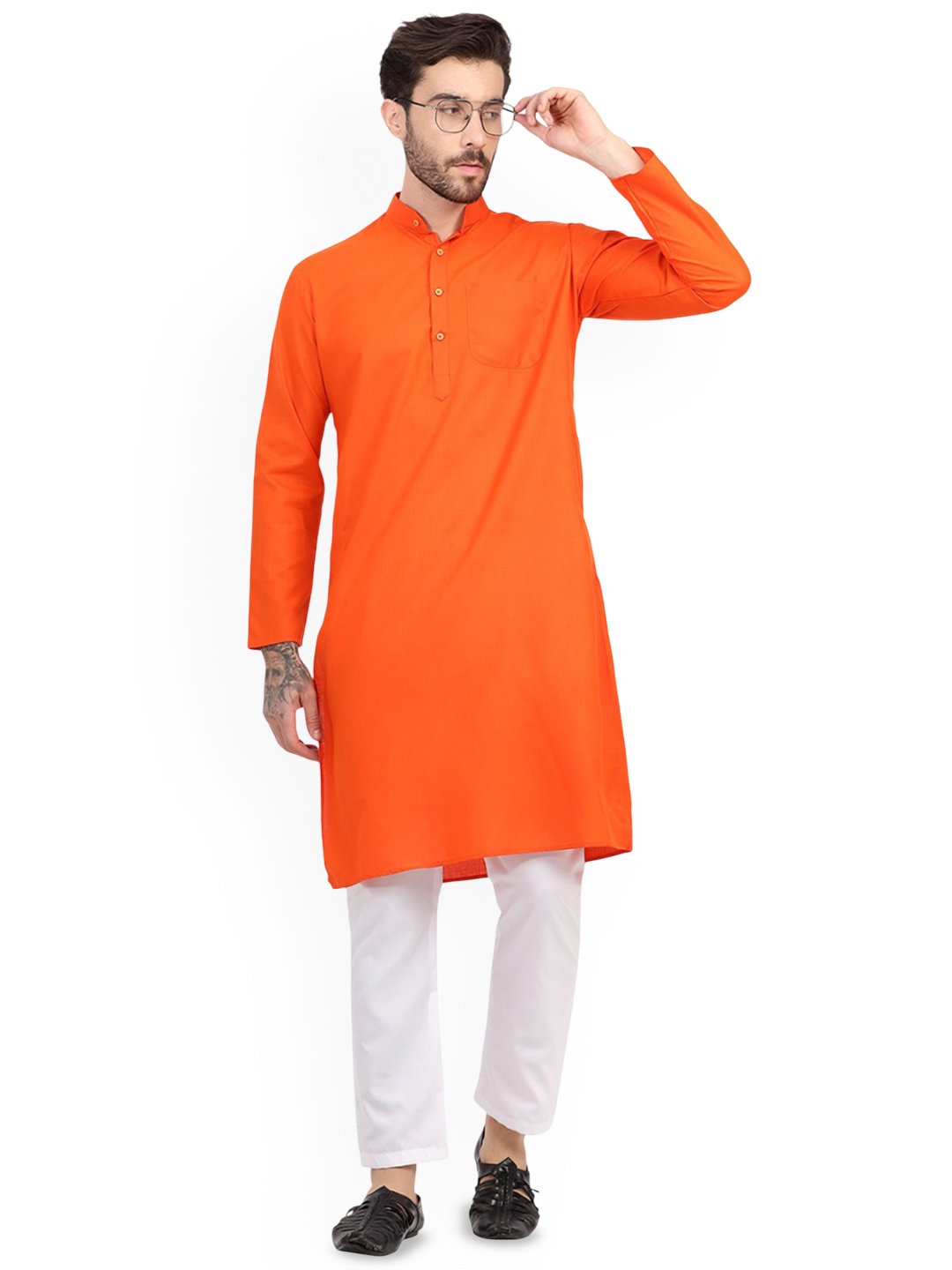 

Sadree Band Collar Long Sleeves Straight Kurta With Trouser, Orange