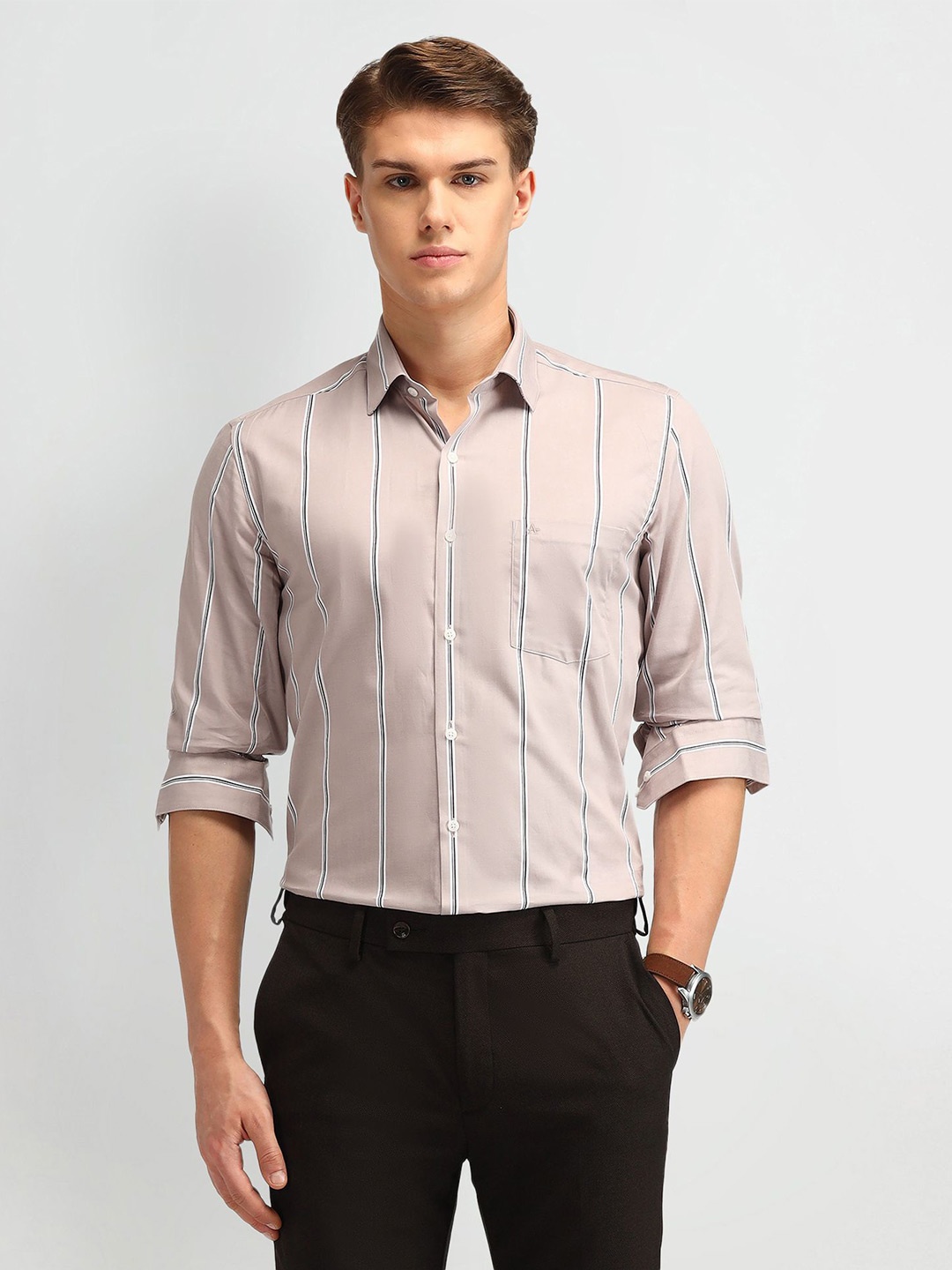 

Arrow Men Slim Fit Opaque Striped Formal Shirt, Brown
