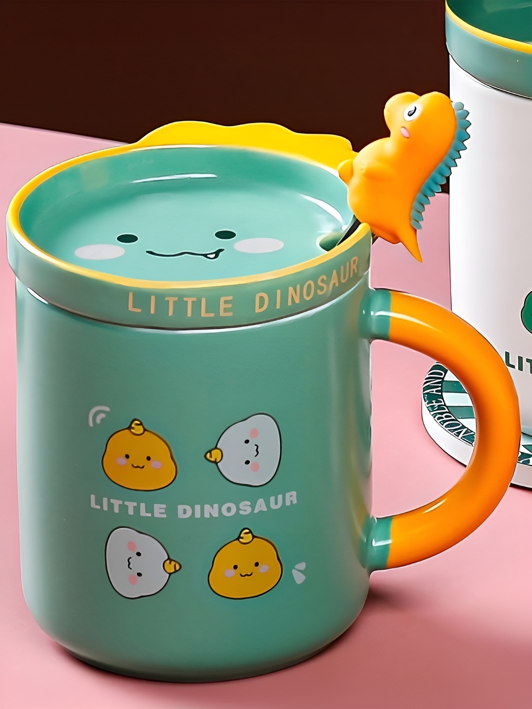 

BonZeaL Green & Orange Printed Ceramic Matte Mugs With Lid Spoon 320ml