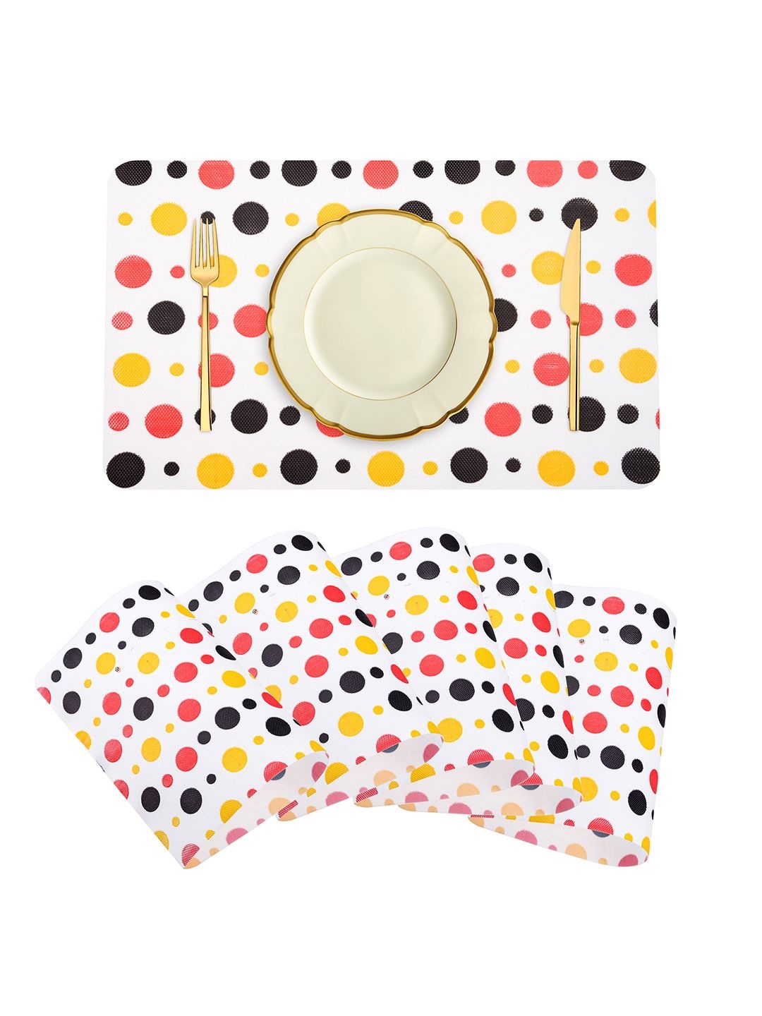 

Kuber Industries White & Yellow 6 Pieces Dot Printed Rectangle Shaped Table Placemats