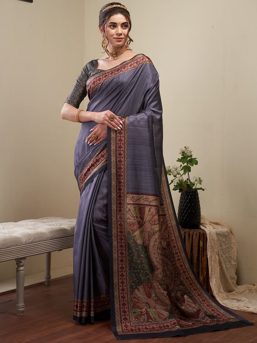 

Mitera Kalamkari Zari Silk Blend Banarasi Saree, Grey
