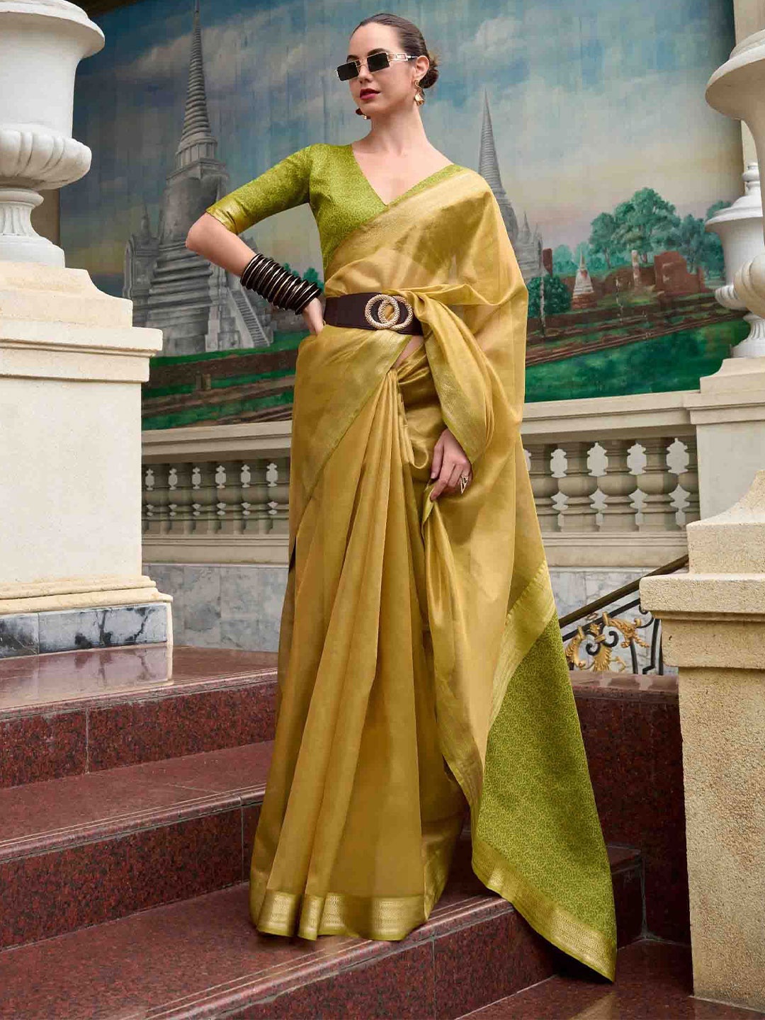 

Blissta Woven Design Zari Linen Blend Saree, Mustard
