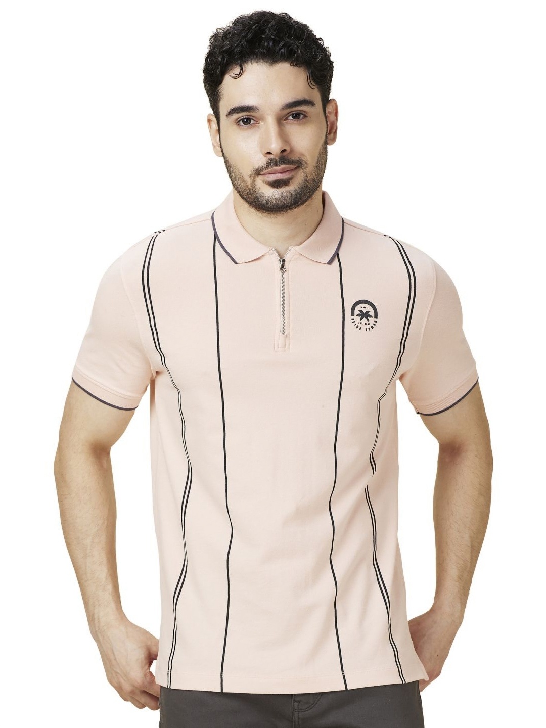 

Being Human Men Striped Polo Collar Cotton T-shirt, Peach